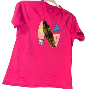 Girls Lands’end pink sequin surf board swim set rash guard shorts sz 16+ XL kid